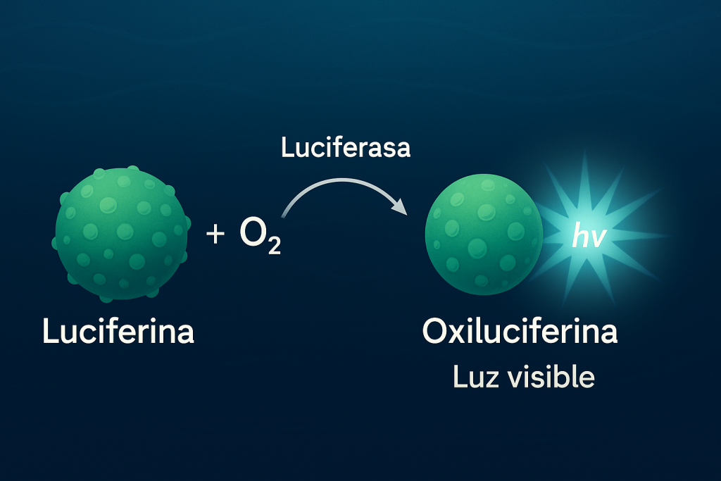 Ardora en Galicia: cómo Noctiluca scintillans produce la bioluminiscencia que hace brillar el mar 3 Esquema de la reacción bioluminiscente: la luciferina y el oxígeno, catalizados por la luciferasa, generan oxiluciferina y luz azul visible.