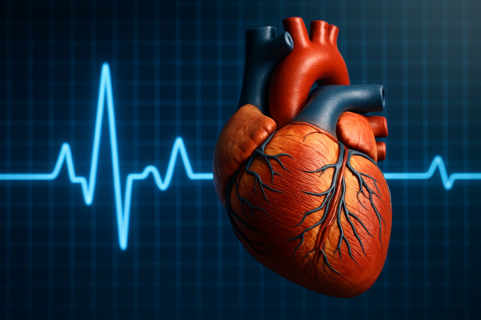 Biohacking cardiovascular: 10 métricas que revelan tu rendimiento interno. 1 Corazón humano con trazado de electrocardiograma azul representando la salud y el rendimiento cardiovascular.