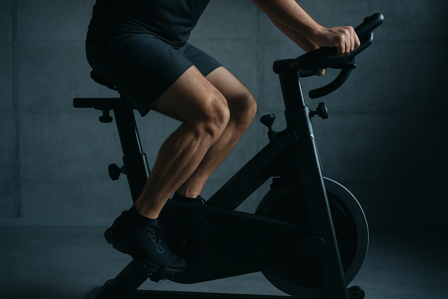 Capítulo 1 - Zero to Hero: El punto cero del entrenamiento en apnea y transformación física 1 Piernas de un hombre pedaleando en bicicleta estática al inicio del programa Zero to Hero, símbolo del comienzo del entrenamiento en apnea y la transformación física.