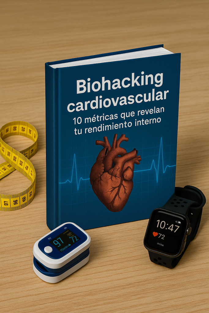 Corazón humano realista con fondo azul y trazado de ECG, representando la conexión entre biohacking, salud cardiovascular, rendimiento y bienestar.