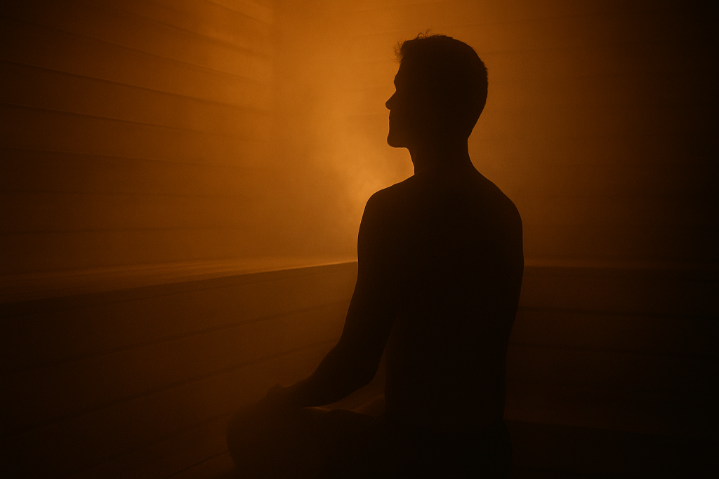 Frecuencia cardíaca en reposo (FCR): el pulso que revela tu estado interno 4 Persona en sauna con vapor cálido representando cómo el calor mejora la circulación, el sistema nervioso y el rendimiento deportivo mediante biohacking.