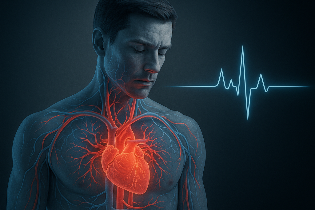 Frecuencia cardíaca en reposo (FCR): el pulso que revela tu estado interno 2 Visualización anatómica realista del sistema cardiovascular humano con el corazón iluminado y un trazo de frecuencia cardíaca azul, representando el equilibrio entre actividad y control autónomo.