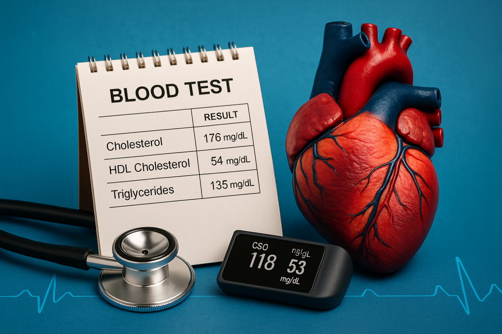 Biohacking cardiovascular: 10 métricas que revelan tu rendimiento interno. 9 Resultados de análisis de sangre mostrando niveles de colesterol total, HDL, LDL y triglicéridos junto a un corazón humano y estetoscopio sobre fondo azul, simbolizando el control del perfil lipídico en biohacking y salud cardiovascular.