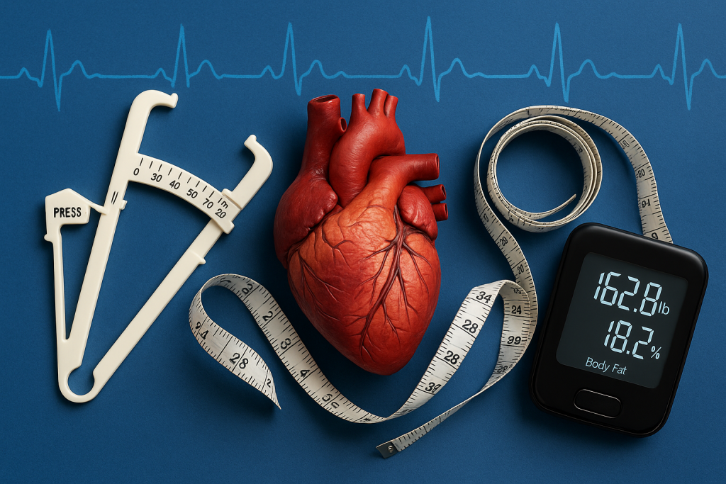 Biohacking cardiovascular: 10 métricas que revelan tu rendimiento interno. 11 Báscula digital con porcentaje de grasa corporal, cinta métrica y calibrador de pliegues junto a un corazón humano sobre fondo azul con ECG; representación del control de la composición corporal y grasa visceral en biohacking y salud cardiovascular.