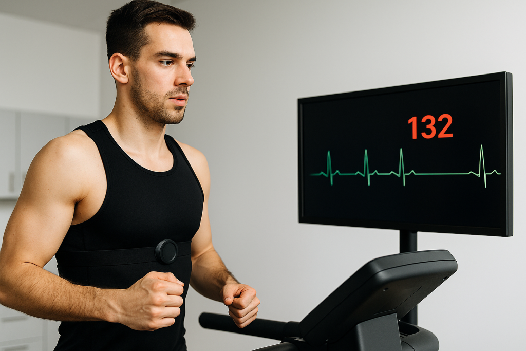 Frecuencia cardíaca en reposo (FCR): el pulso que revela tu estado interno 3 Persona realizando prueba de esfuerzo en cinta con banda torácica y monitor mostrando frecuencia cardíaca y ECG.