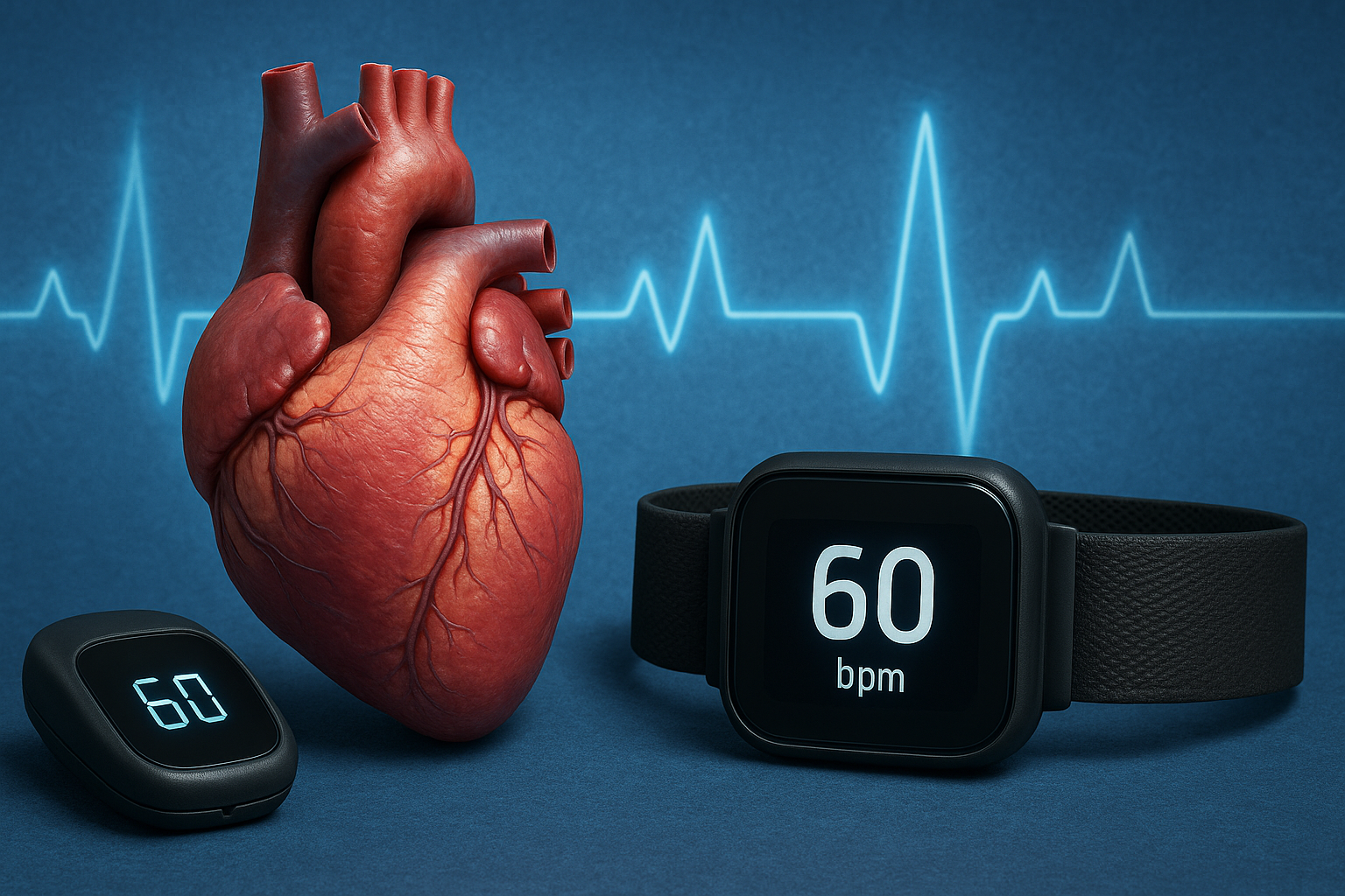 Frecuencia cardíaca en reposo (FCR): el pulso que revela tu estado interno 1 Smartwatch mostrando 60 bpm junto a un corazón humano y trazado de ECG azul, símbolo de la frecuencia cardíaca en reposo y del biohacking cardiovascular.