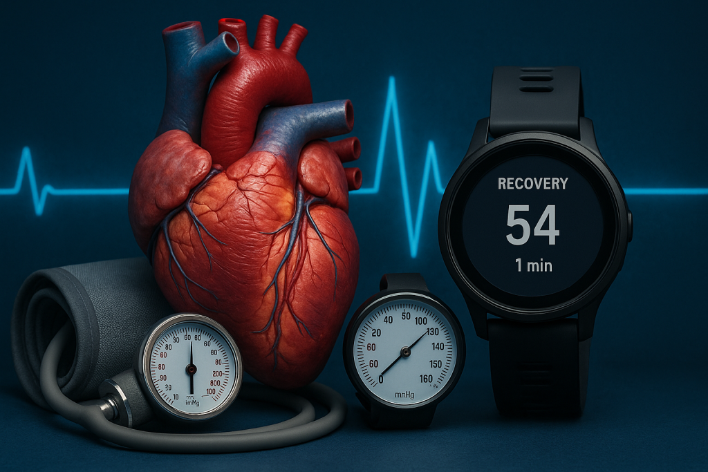 Biohacking cardiovascular: 10 métricas que revelan tu rendimiento interno. 5 Smartwatch deportivo mostrando descenso de frecuencia cardíaca durante la recuperación, junto a un corazón humano y tensiómetro sobre fondo azul con ECG; representación del control de la frecuencia cardíaca post-ejercicio en biohacking y rendimiento físico.