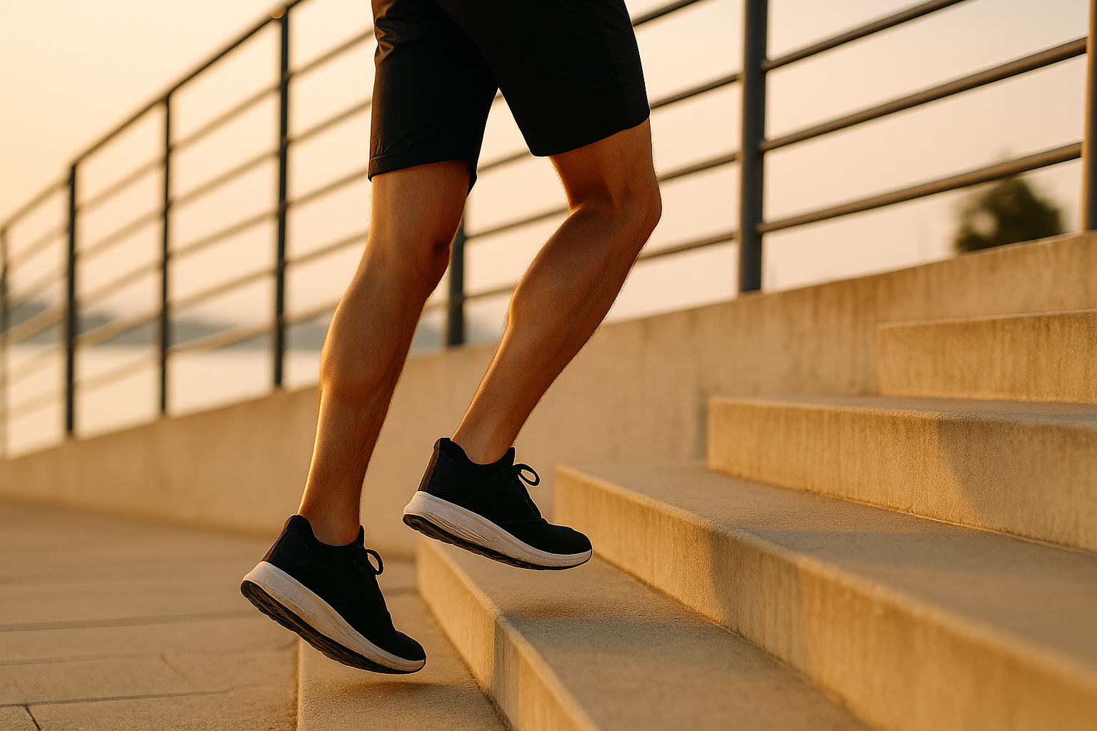 Capítulo 3 – Zero to Hero: Fundamentos del cambio: respirar, moverse y comer como base del rendimiento humano 1 Piernas subiendo escaleras al amanecer durante un entrenamiento funcional, simbolizando progreso, disciplina y transformación física.