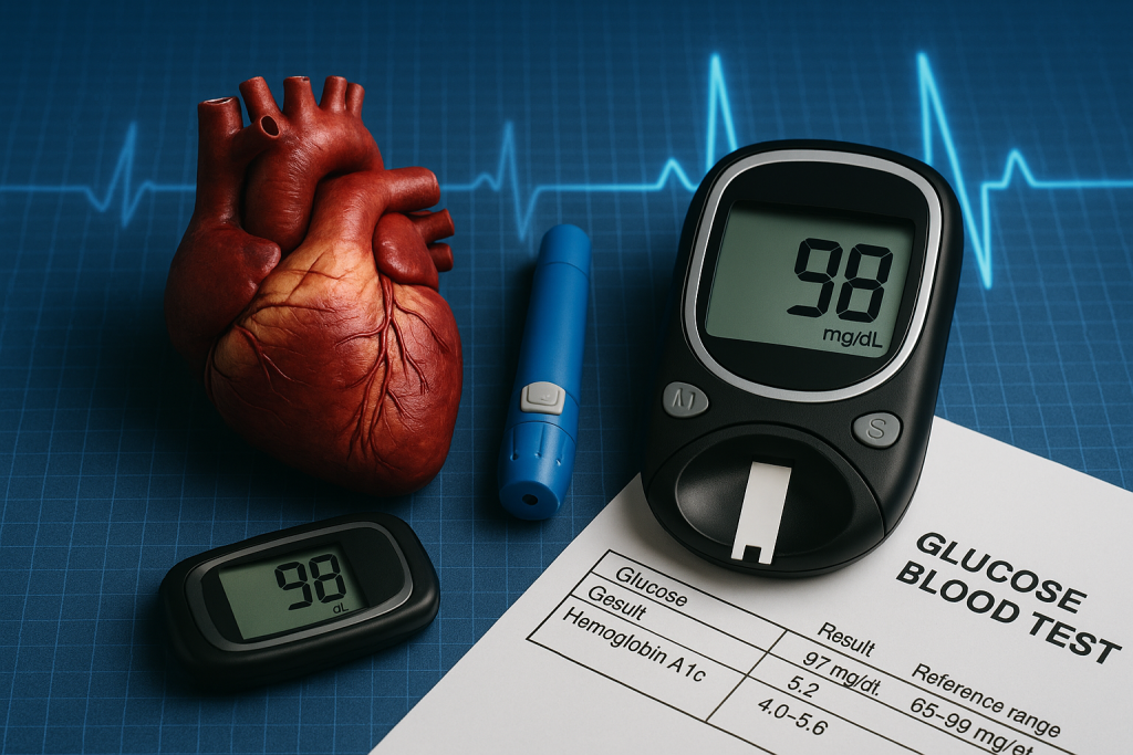 Biohacking cardiovascular: 10 métricas que revelan tu rendimiento interno. 10 Glucómetro digital mostrando 98 mg/dL junto a análisis de sangre con valores de glucosa y HbA1c y un corazón humano sobre fondo azul con ECG; representación del control metabólico en biohacking, salud y rendimiento físico.