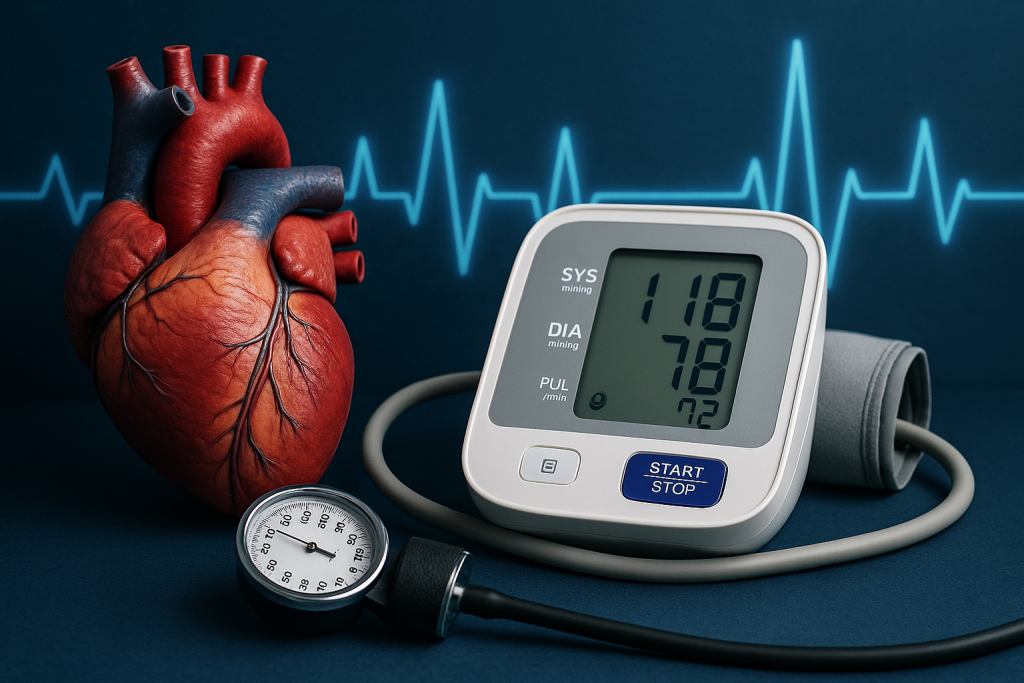 Biohacking cardiovascular: 10 métricas que revelan tu rendimiento interno. 4 Tensiómetro digital mostrando lectura 118/78 mmHg junto a corazón humano realista y fondo con ECG azul, simbolizando la medición y control de la presión arterial en el biohacking y la salud cardiovascular.
