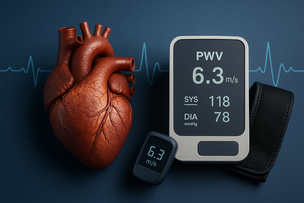 Biohacking cardiovascular: 10 métricas que revelan tu rendimiento interno. 8 Dispositivo médico mostrando velocidad de onda de pulso (PWV 6.3 m/s) junto a un corazón humano realista y brazalete de presión sobre fondo azul con ECG; representa la medición de rigidez arterial y salud vascular en biohacking y rendimiento.