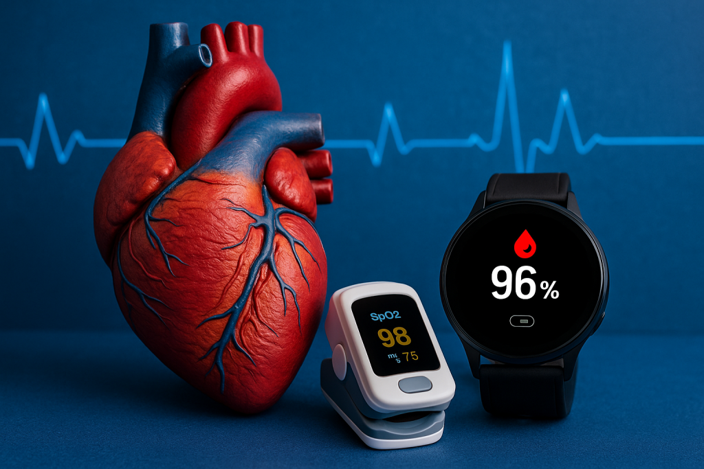 Biohacking cardiovascular: 10 métricas que revelan tu rendimiento interno. 7 Pulsioxímetro y smartwatch mostrando niveles de SpO₂ junto a un corazón humano sobre fondo azul con ECG, representación del control de la saturación de oxígeno en biohacking, apnea y salud respiratoria.