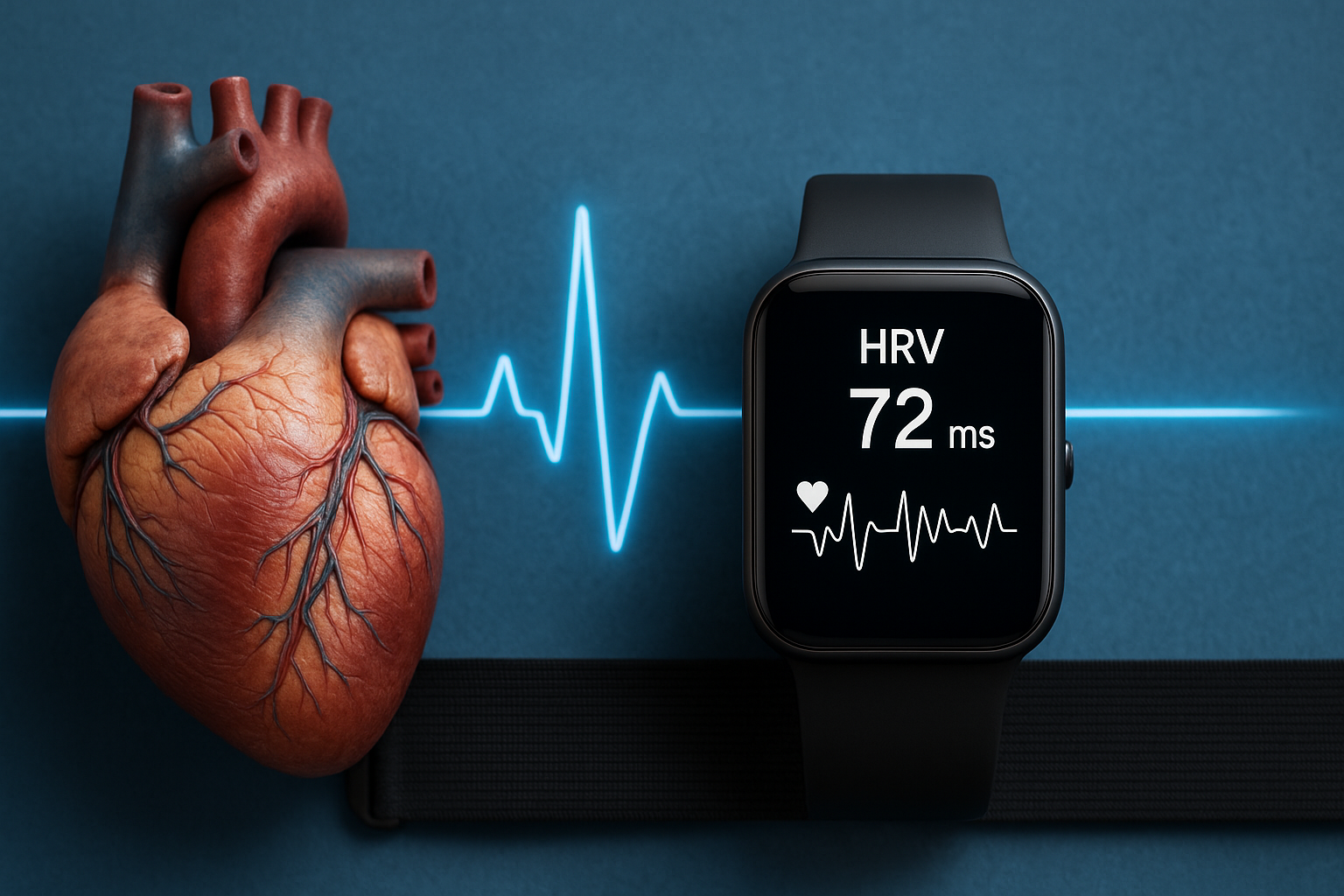 Biohacking cardiovascular: 10 métricas que revelan tu rendimiento interno. 3 Smartwatch deportivo mostrando HRV junto a banda torácica sobre fondo azul con ECG; medición de la variabilidad de la frecuencia cardíaca para optimizar recuperación, estrés y rendimiento físico.