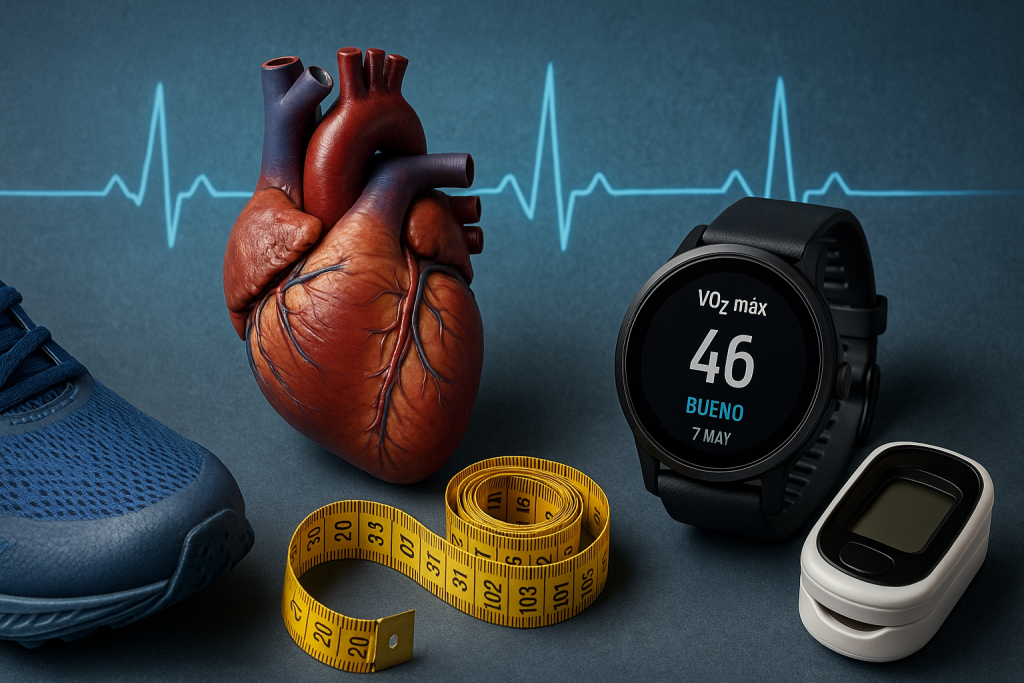 Biohacking cardiovascular: 10 métricas que revelan tu rendimiento interno. 6 Smartwatch mostrando VO₂ máx 46 junto a un corazón humano, pulsioxímetro y cinta métrica sobre fondo azul con ECG; representación del consumo máximo de oxígeno y rendimiento físico en biohacking y apnea.