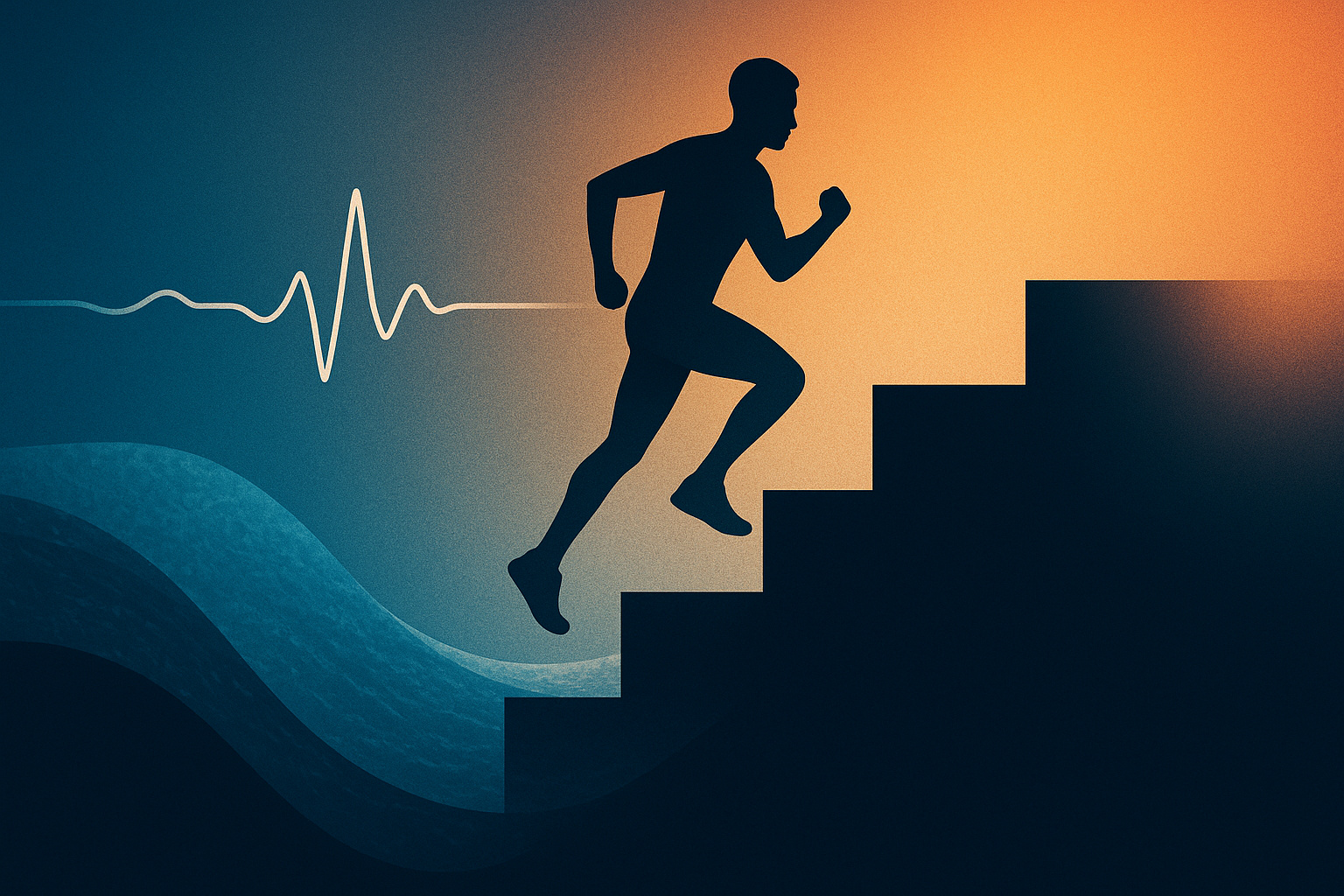 Capítulo 4 – Las primeras semanas: hambre, fatiga y adaptación. 1 Zero to Hero Capítulo 4: atleta ascendiendo escaleras con trazo de pulso, progreso controlado y adaptación fisiológica